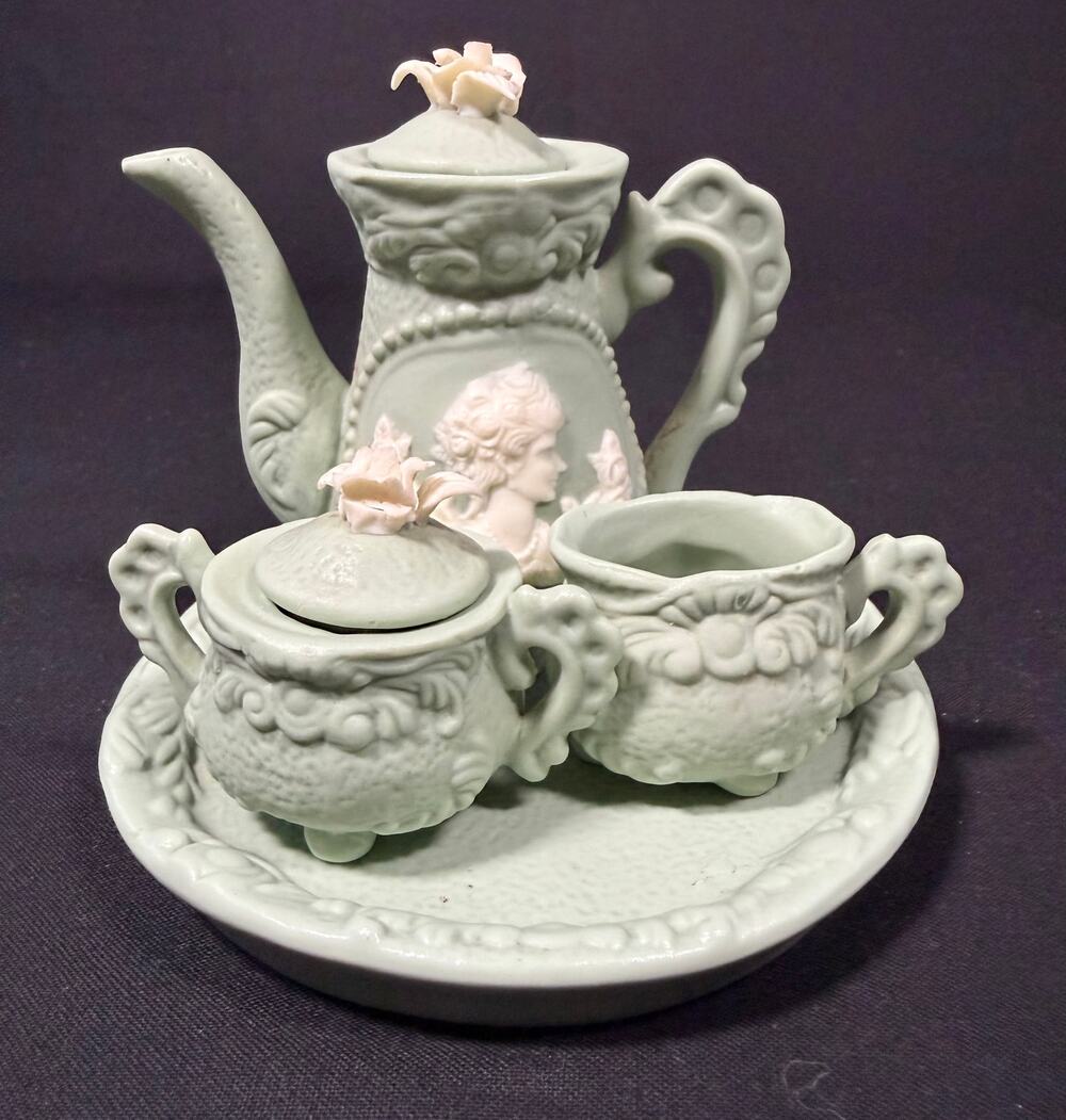 Vintage Miniature Tea Set 4 Pc Green Cameo Victorian Style Made in China 1980s